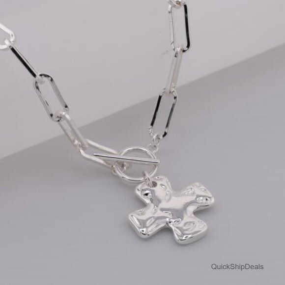 Chunky Cross Pendant Necklace with Vintage Toggle Clasp, Bold Thick Chain - Picture 6 of 7